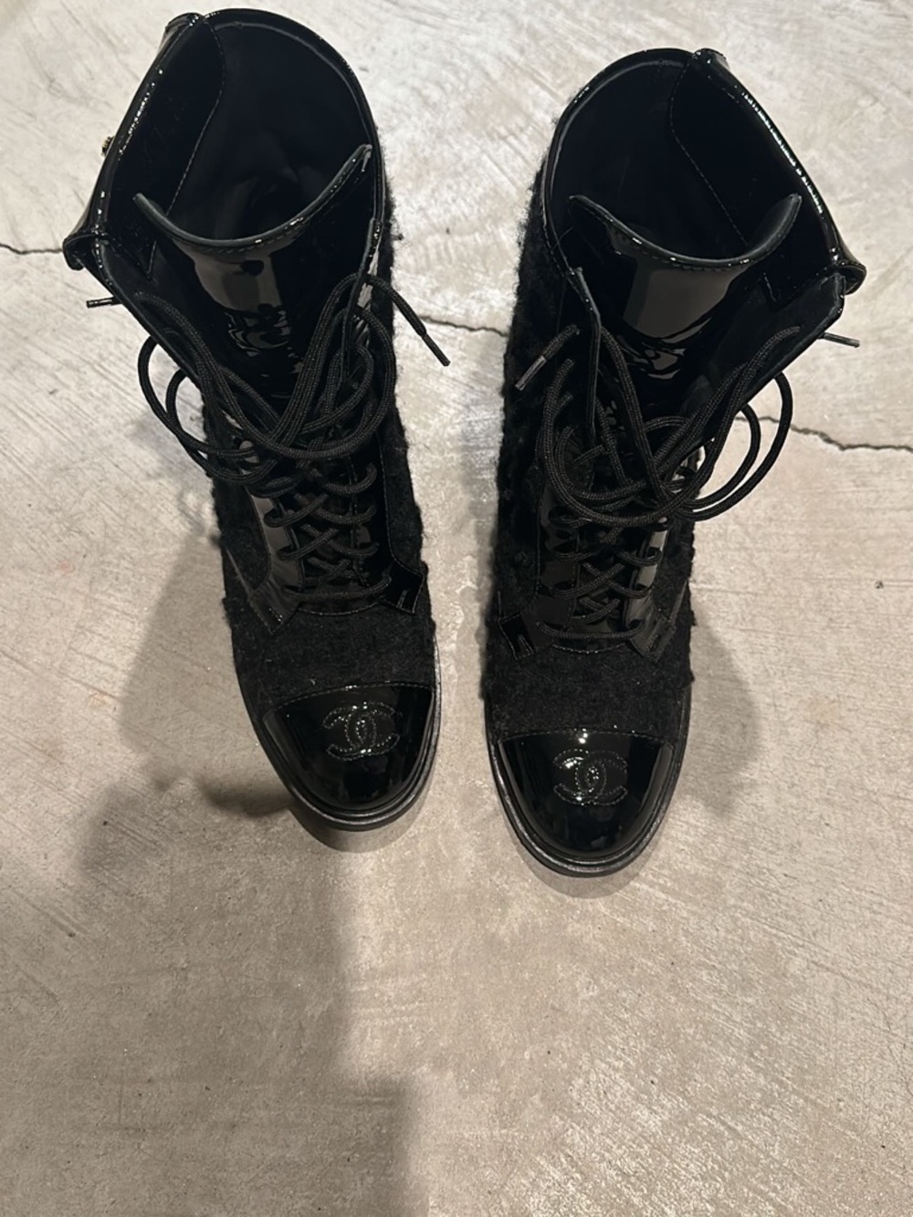 Chanel Women's Black Lace-Up Block Heel Ankle Boots - Picture 2 of 2